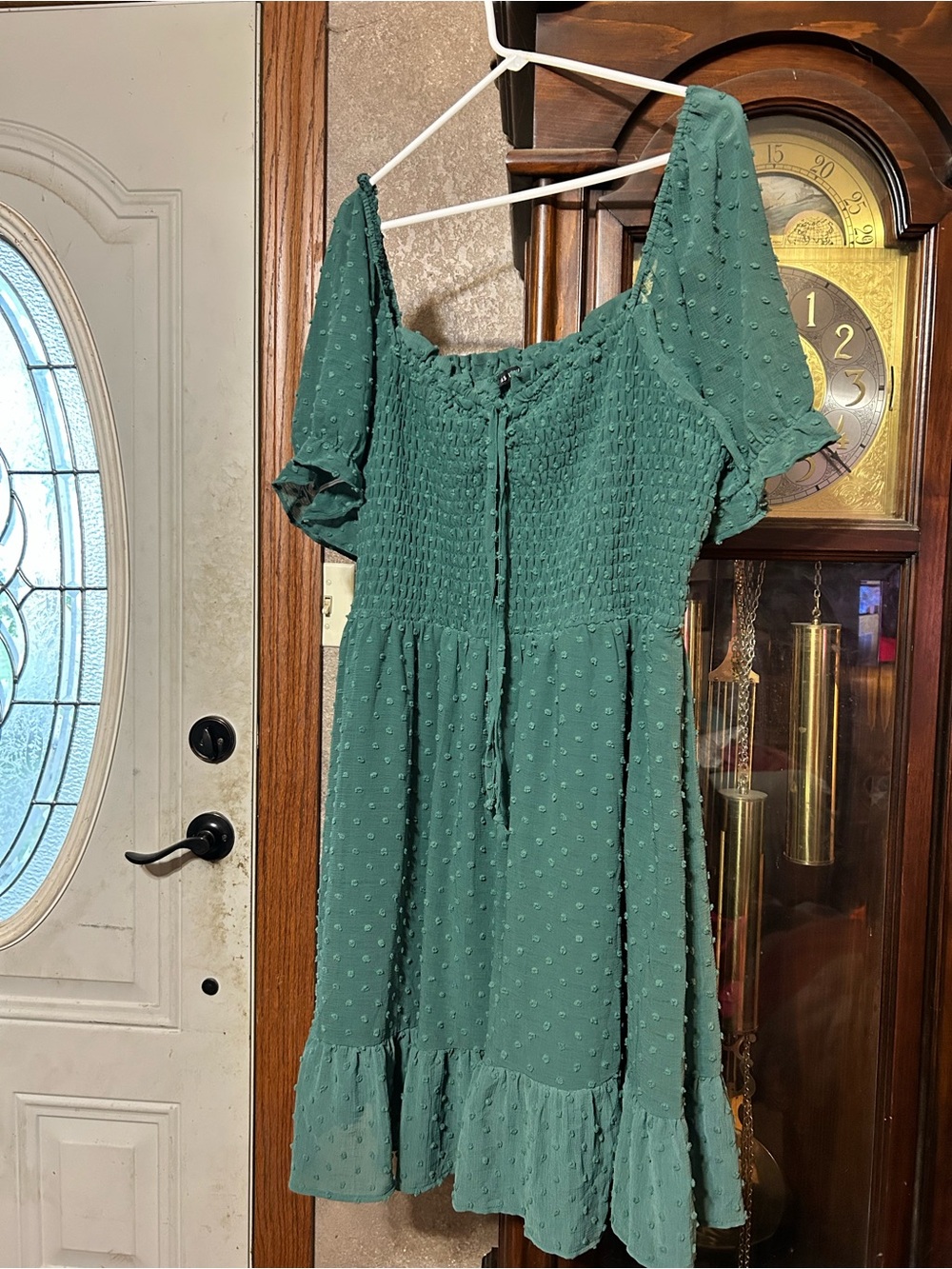 Smocked Square-Neck Midi Dress in Teal Green